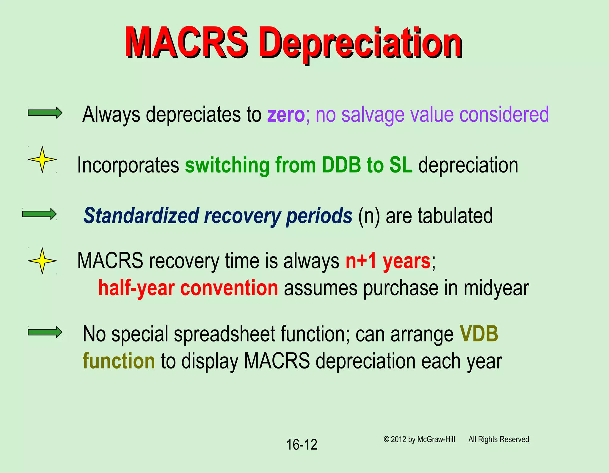 16-12
MACRS DepreciationMACRS Depreciation
© 2012 by McGraw-Hill All Rights Reserved
Always depreciates to zero; no salvage value considered
Incorporates switching from DDB to SL depreciation
MACRS recovery time is always n+1 years;
half-year convention assumes purchase in midyear
Standardized recovery periods (n) are tabulated
No special spreadsheet function; can arrange VDB
function to display MACRS depreciation each year
 