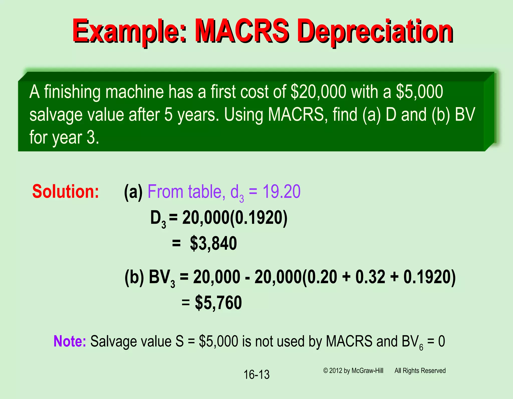 16-13
Example: MACRS DepreciationExample: MACRS Depreciation
© 2012 by McGraw-Hill All Rights Reserved
Solution:
A finishing machine has a first cost of $20,000 with a $5,000
salvage value after 5 years. Using MACRS, find (a) D and (b) BV
for year 3.
(a) From table, d3 = 19.20
D3 = 20,000(0.1920)
= $3,840
(b) BV3 = 20,000 - 20,000(0.20 + 0.32 + 0.1920)
= $5,760
Note: Salvage value S = $5,000 is not used by MACRS and BV6 = 0
 