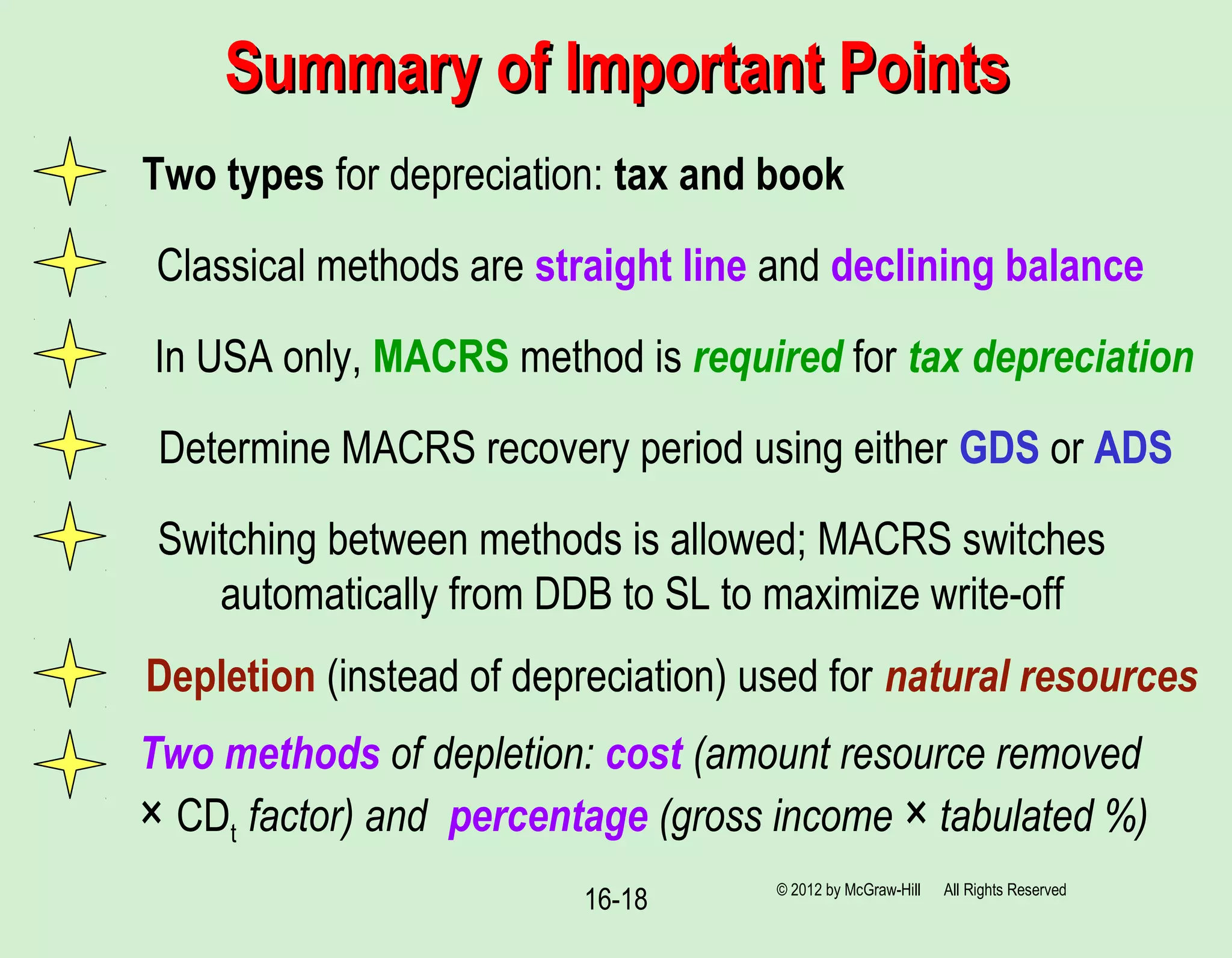 16-18
Summary of Important PointsSummary of Important Points
© 2012 by McGraw-Hill All Rights Reserved
Two methods of depletion: cost (amount resource removed
× CDt factor) and percentage (gross income × tabulated %)
Two types for depreciation: tax and book
In USA only, MACRS method is required for tax depreciation
Determine MACRS recovery period using either GDS or ADS
Depletion (instead of depreciation) used for natural resources
Classical methods are straight line and declining balance
Switching between methods is allowed; MACRS switches
automatically from DDB to SL to maximize write-off
 