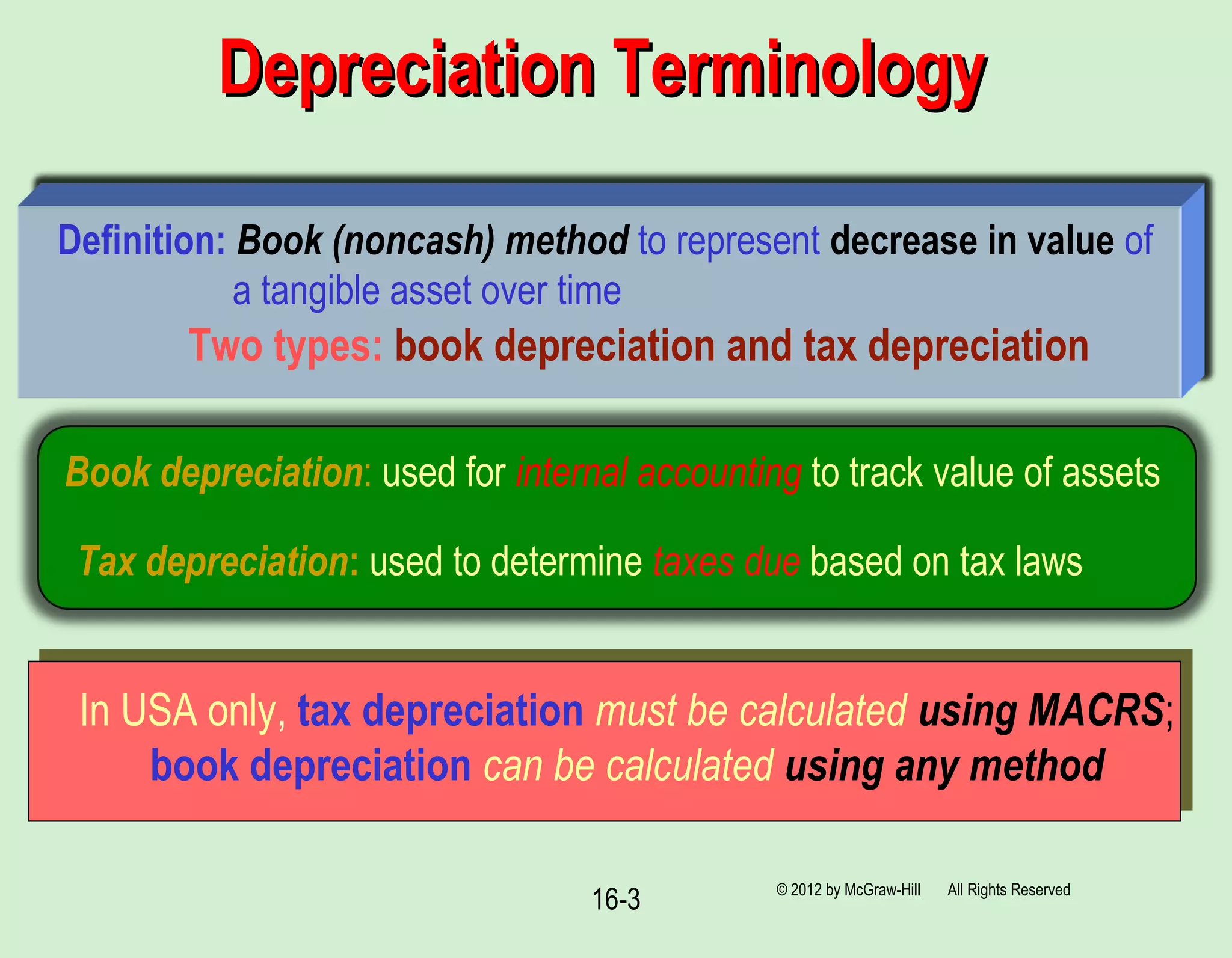 © 2012 by McGraw-Hill All Rights Reserved
16-3
Depreciation TerminologyDepreciation Terminology
Definition: Book (noncash) method to represent decrease in value of
a tangible asset over time
Two types: book depreciation and tax depreciation
Book depreciation: used for internal accounting to track value of assets
Tax depreciation: used to determine taxes due based on tax laws
In USA only, tax depreciation must be calculated using MACRS;
book depreciation can be calculated using any method
 