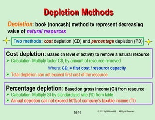 16-16 © 2012 by McGraw-Hill All Rights Reserved
Depletion MethodsDepletion Methods
Depletion: book (noncash) method to represent decreasing
value of natural resources
Two methods: cost depletion (CD) and percentage depletion (PD)
Cost depletion: Based on level of activity to remove a natural resource
 Calculation: Multiply factor CDt by amount of resource removed
Where: CDt = first cost / resource capacity
 Total depletion can not exceed first cost of the resource
Percentage depletion: Based on gross income (GI) from resource
 Calculation: Multiply GI by standardized rate (%) from table
 Annual depletion can not exceed 50% of company’s taxable income (TI)
 