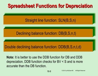 16-9
Spreadsheet Functions for DepreciationSpreadsheet Functions for Depreciation
© 2012 by McGraw-Hill All Rights Reserved
Straight line function: SLN(B,S,n)
Declining balance function: DB(B,S,n,t)
Double declining balance function: DDB(B,S,n,t,d)
Note: It is better to use the DDB function for DB and DDB
depreciation. DDB function checks for BV < S and is more
accurate than the DB function.
 