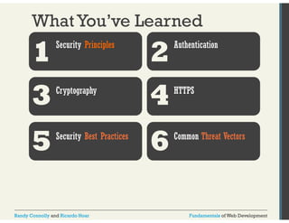 What You’ve Learned 
1Security Principles 2Authentication 
3Cryptography 4HTTPS 
5Security Best Practices 6Common Threat Vectors 
Randy Connolly and Ricardo Hoar Fundamentals of Web Development 
 