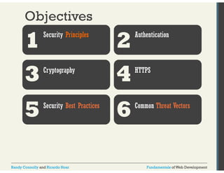 Objectives 
1Security Principles 2Authentication 
3Cryptography 4HTTPS 
5Security Best Practices 6Common Threat Vectors 
Randy Connolly and Ricardo Hoar Fundamentals of Web Development 
 