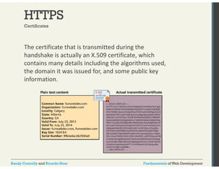HTTPS 
Certificates 
The certificate that is transmitted during the 
handshake is actually an X.509 certificate, which 
contains many details including the algorithms used, 
the domain it was issued for, and some public key 
information. 
Randy Connolly and Ricardo Hoar Fundamentals of Web Development 
 