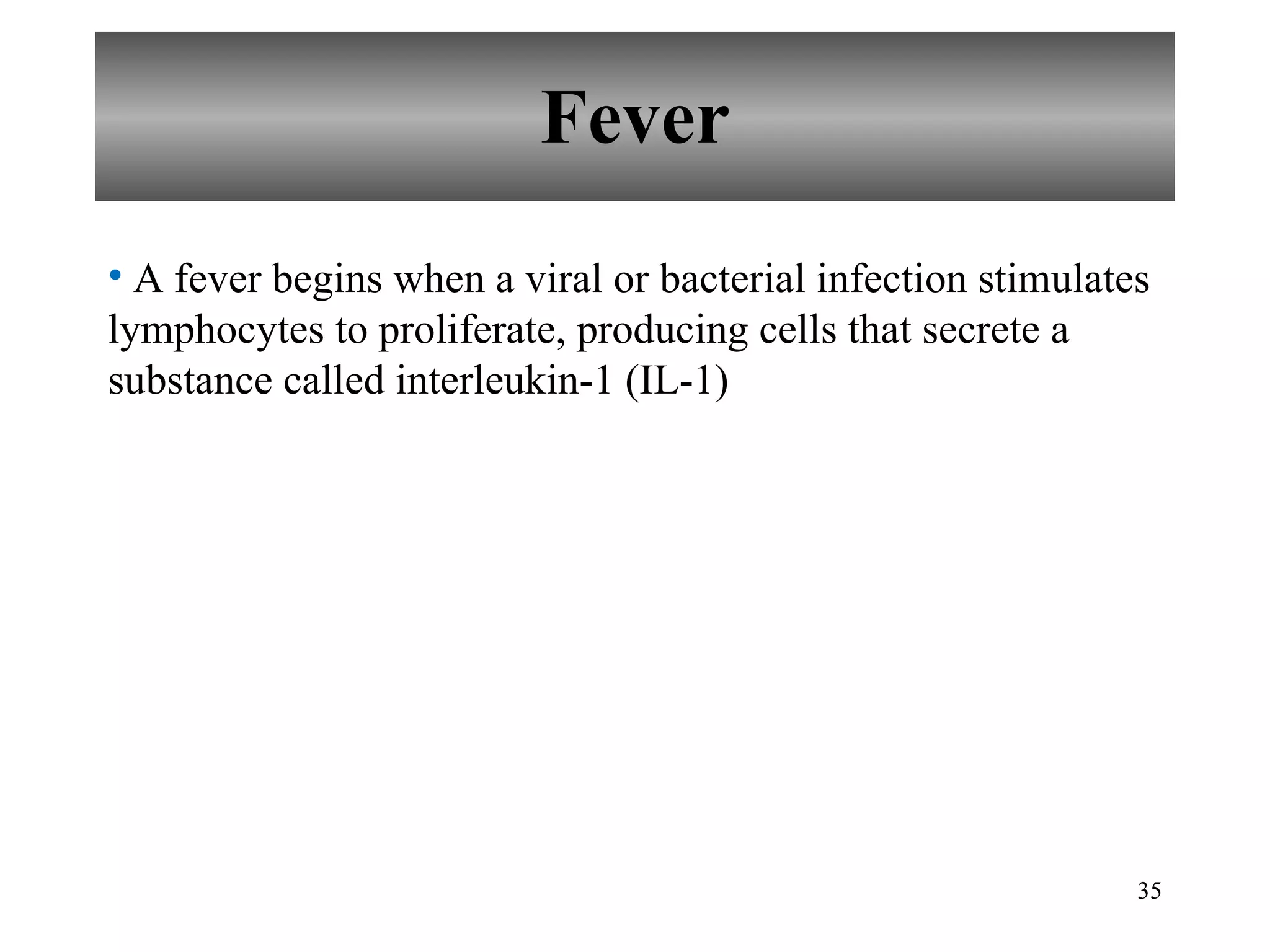 Fever A fever begins when a viral or bacterial infection stimulates lymphocytes to proliferate, producing cells that secrete a substance called interleukin-1 (IL-1) 