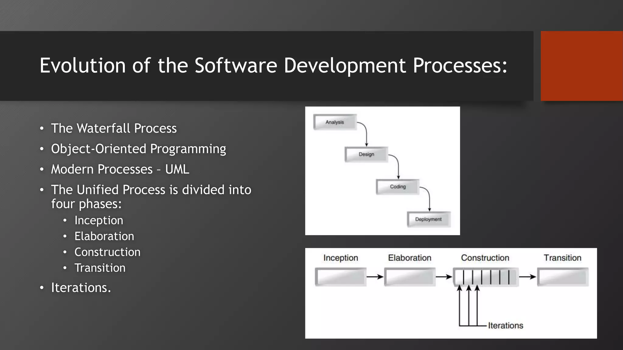 Evolution of the Software Development Processes:
• The Waterfall Process
• Object-Oriented Programming
• Modern Processes – UML
• The Unified Process is divided into
four phases:
• Inception
• Elaboration
• Construction
• Transition
• Iterations.
