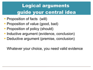 Logical arguments  guide your central idea Proposition of facts  (will) Proposition of value (good, bad) Proposition of policy (should) Inductive argument (evidence, conclusion) Deductive argument (premise, conclusion) Whatever your choice, you need valid evidence 
