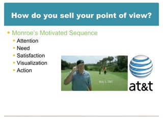 How do you sell your point of view? Monroe’s Motivated Sequence Attention Need Satisfaction Visualization Action 