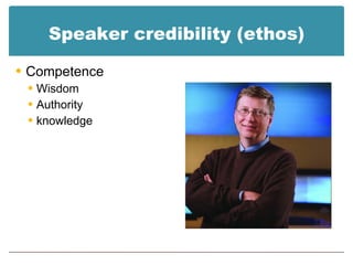 Speaker credibility (ethos) Competence Wisdom Authority knowledge 