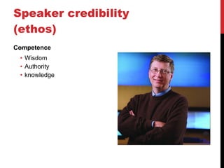 Speaker credibility (ethos) Competence Wisdom Authority knowledge 