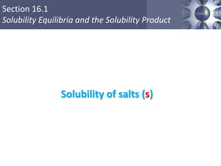 Section 16.1
Solubility Equilibria and the Solubility Product
Solubility of salts (s)
 