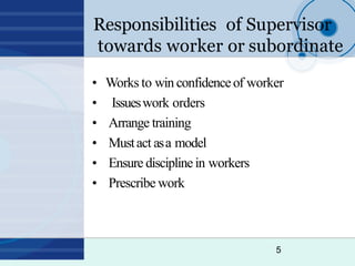 Responsibilities of Supervisor
towards worker or subordinate
5
• Works to win confidenceof worker
• Issueswork orders
• Ar...