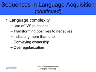 ©2012 Cengage Learning.
All Rights Reserved.
Sequences in Language Acquisition
(continued)
• Language complexity
– Use of “W” questions
– Transforming positives to negatives
– Indicating more than one
– Conveying ownership
– Overregularization
 