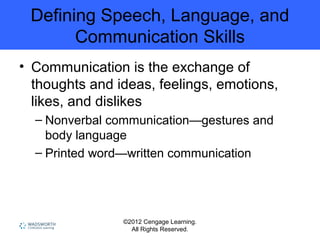 ©2012 Cengage Learning.
All Rights Reserved.
Defining Speech, Language, and
Communication Skills
• Communication is the exchange of
thoughts and ideas, feelings, emotions,
likes, and dislikes
– Nonverbal communication—gestures and
body language
– Printed word—written communication
 