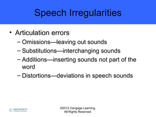 ©2012 Cengage Learning.
All Rights Reserved.
Speech Irregularities
• Articulation errors
– Omissions—leaving out sounds
– Substitutions—interchanging sounds
– Additions—inserting sounds not part of the
word
– Distortions—deviations in speech sounds
 