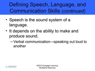 ©2012 Cengage Learning.
All Rights Reserved.
Defining Speech, Language, and
Communication Skills (continued)
• Speech is the sound system of a
language.
• It depends on the ability to make and
produce sound.
– Verbal communication—speaking out loud to
another
 