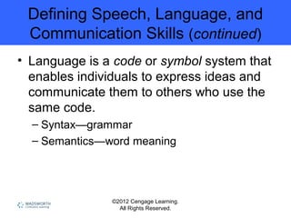 ©2012 Cengage Learning.
All Rights Reserved.
Defining Speech, Language, and
Communication Skills (continued)
• Language is a code or symbol system that
enables individuals to express ideas and
communicate them to others who use the
same code.
– Syntax—grammar
– Semantics—word meaning
 