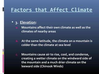Factors that Affect Climate
 3. Elevation:
a. Mountains affect their own climate as well as the
climates of nearby areas
b. At the same latitude, the climate on a mountain is
colder than the climate at sea level
c. Mountains cause air to rise, cool, and condense,
creating a wetter climate on the windward side of
the mountain and a much drier climate on the
leeward side (Chinook Winds)
 