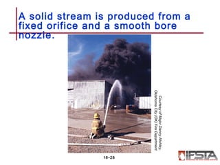 A solid stream is produced from a
fixed orifice and a smooth bore
nozzle.
16–28 CourtesyofMajorDannyAtchley,
OklahomaCity(OK)FireDepartment
 
