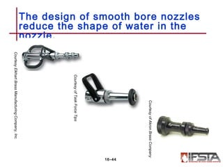The design of smooth bore nozzles
reduce the shape of water in the
nozzle.
16–44
CourtesyElkhartBrassManufacturingCompany,Inc.
CourtesyofTaskForceTips
CourtesyofAkronBrassCompany
 