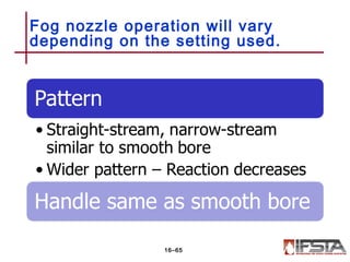 Fog nozzle operation will vary
depending on the setting used.
16–65
 