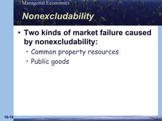 16-19NonexcludabilityTwo kinds of market failure caused by nonexcludability:Common property resourcesPublic goods