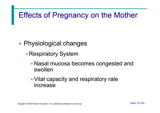 Effects of Pregnancy on the Mother
Slide 16.59a
Copyright © 2003 Pearson Education, Inc. publishing as Benjamin Cummings
• Physiological changes
• Respiratory System
• Nasal mucosa becomes congested and
swollen
• Vital capacity and respiratory rate
increase
 