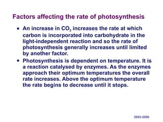 Factors affecting the rate of photosynthesis An increase in CO 2  increases the rate at which carbon is incorporated into carbohydrate in the light-independent reaction and so the rate of photosynthesis generally increases until limited by another factor. Photosynthesis is dependent on temperature. It is a reaction catalysed by enzymes. As the enzymes approach their optimum temperatures the overall rate increases. Above the optimum temperature the rate begins to decrease until it stops. 2005-2006 