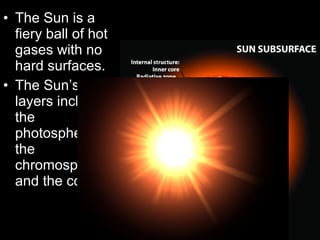 • The Sun is a
fiery ball of hot
gases with no
hard surfaces.
• The Sun’s
layers include
the
photosphere,
the
chromosphere,
and the corona.

 