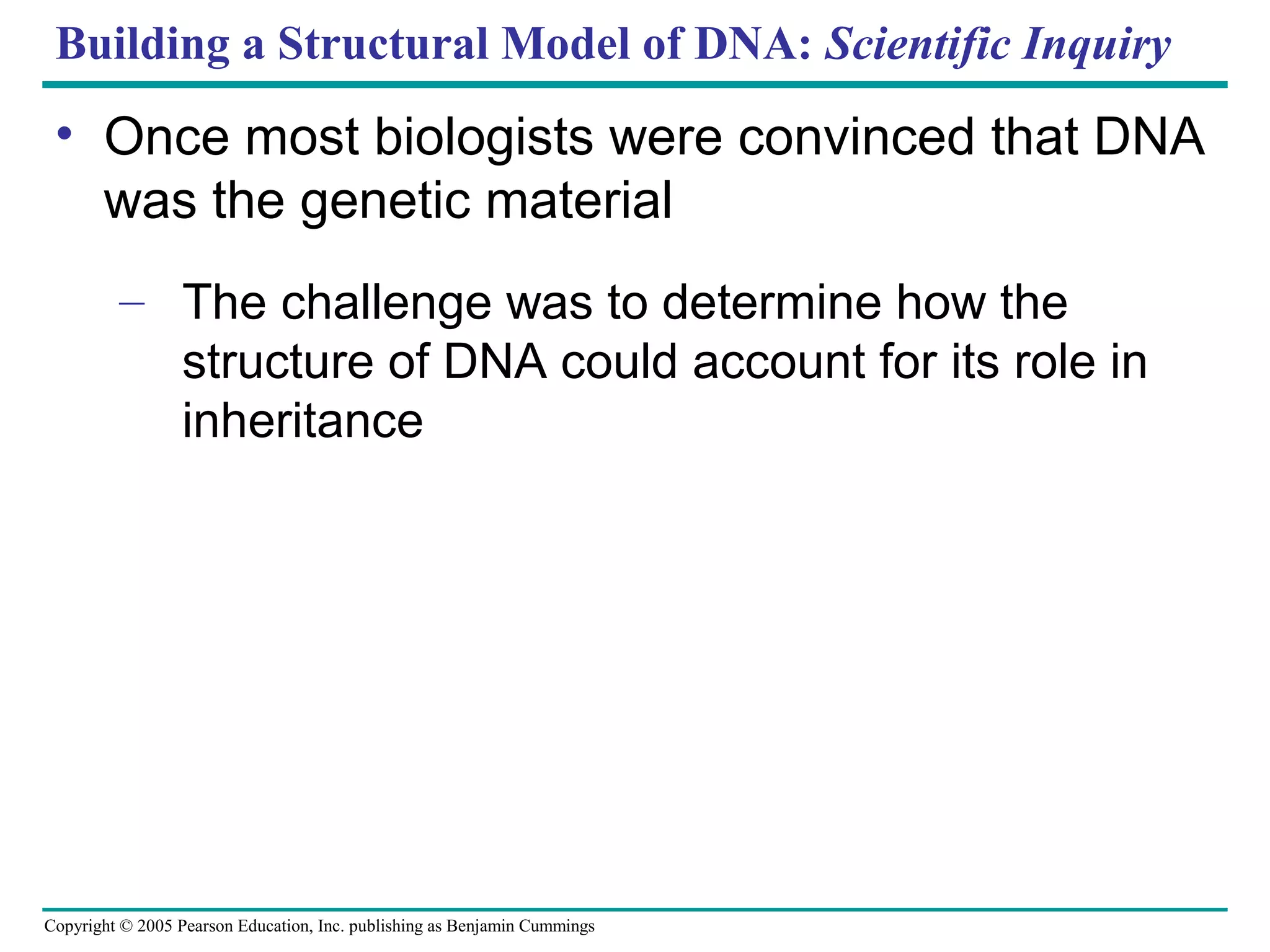 Copyright © 2005 Pearson Education, Inc. publishing as Benjamin Cummings
Building a Structural Model of DNA: Scientific Inquiry
• Once most biologists were convinced that DNA
was the genetic material
– The challenge was to determine how the
structure of DNA could account for its role in
inheritance
 