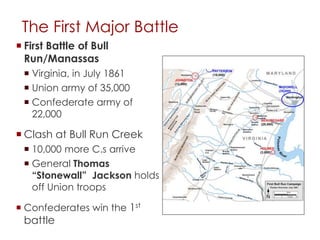 The First Major Battle 
 First Battle of Bull 
Run/Manassas 
 Virginia, in July 1861 
 Union army of 35,000 
 Confederate army of 22,000 
 Clash at Bull Run Creek 
 10,000 more C.s arrive 
 General Thomas 
“Stonewall” Jackson holds 
off Union troops 
 Confederates win the 1st 
battle 
 