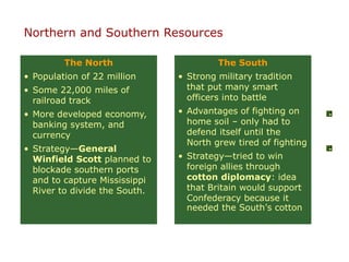 Northern and Southern Resources 
The North 
• Population of 22 million 
• Some 22,000 miles of 
railroad track 
• More developed economy, 
banking system, and 
currency 
• Strategy—General 
Winfield Scott planned to 
blockade southern ports 
and to capture Mississippi 
River to divide the South. 
The South 
• Strong military tradition 
that put many smart 
officers into battle 
• Advantages of fighting on 
home soil – only had to 
defend itself until the 
North grew tired of fighting 
• Strategy—tried to win 
foreign allies through 
cotton diplomacy: idea 
that Britain would support 
Confederacy because it 
needed the South’s cotton 
 