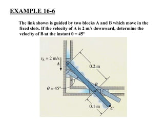 EXAMPLE 16-6
The link shown is guided by two blocks A and B which move in the
fixed slots. If the velocity of A is 2 m/s downward, determine the
velocity of B at the instant θ = 45º
 