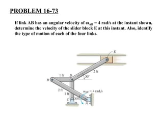 PROBLEM 16-73
If link AB has an angular velocity of ωAB = 4 rad/s at the instant shown,
determine the velocity of the slider block E at this instant. Also, identify
the type of motion of each of the four links.
 