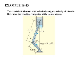 EXAMPLE 16-13
The crankshaft AB turns with a clockwise angular velocity of 10 rad/s.
Determine the velocity of the piston at the instant shown.
 