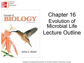 Chapter 16
                                             Evolution of
                                             Microbial Life
                                      Lecture Outline



Copyright © The McGraw-Hill Companies, Inc. Permission required for reproduction or display.
 