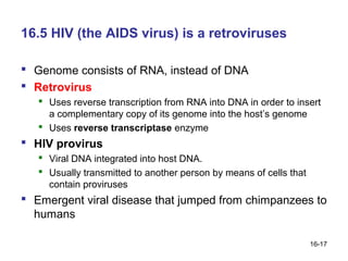 16.5 HIV (the AIDS virus) is a retroviruses

 Genome consists of RNA, instead of DNA
 Retrovirus
    Uses reverse transcription from RNA into DNA in order to insert
     a complementary copy of its genome into the host’s genome
    Uses reverse transcriptase enzyme
 HIV provirus
    Viral DNA integrated into host DNA.
    Usually transmitted to another person by means of cells that
     contain proviruses
 Emergent viral disease that jumped from chimpanzees to
  humans

                                                                    16-17
 