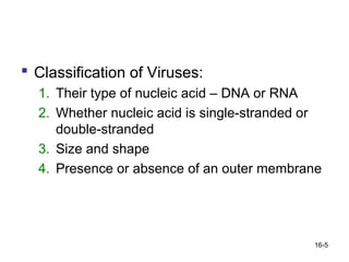  Classification of Viruses:
  1. Their type of nucleic acid – DNA or RNA
  2. Whether nucleic acid is single-stranded or
     double-stranded
  3. Size and shape
  4. Presence or absence of an outer membrane




                                             16-5
 