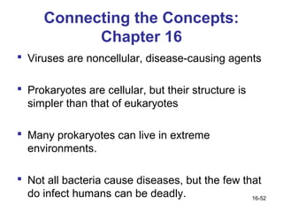 Connecting the Concepts:
           Chapter 16
 Viruses are noncellular, disease-causing agents

 Prokaryotes are cellular, but their structure is
  simpler than that of eukaryotes

 Many prokaryotes can live in extreme
  environments.

 Not all bacteria cause diseases, but the few that
  do infect humans can be deadly.                16-52
 