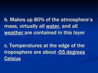 b. Makes up 80% of the atmosphere’s mass, virtually all  water , and all  weather  are contained in this layer  c. Temperatures at the edge of the troposphere are about  -55 degrees Celsius   