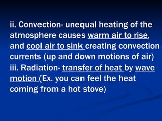 ii. Convection- unequal heating of the atmosphere causes  warm air to rise , and  cool air to sink  creating convection currents (up and down motions of air)  iii. Radiation-  transfer of heat  by  wave motion  (Ex. you can feel the heat coming from a hot stove)   