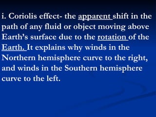 i. Coriolis effect- the  apparent  shift in the path of any fluid or object moving above Earth’s surface due to the  rotation  of the  Earth.  It explains why winds in the Northern hemisphere curve to the right, and winds in the Southern hemisphere curve to the left.  