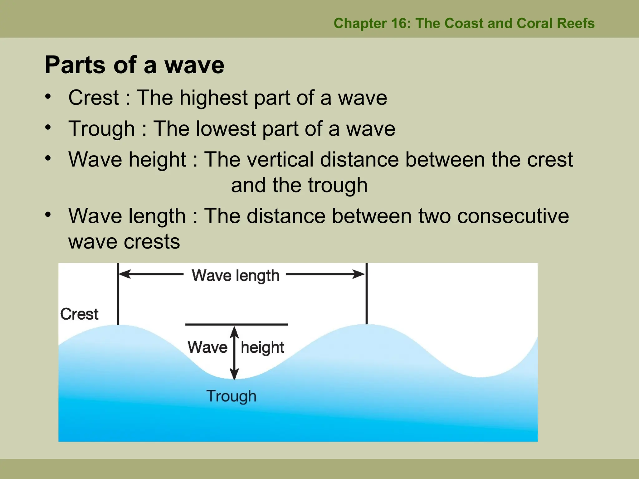Parts of a wave
• Crest : The highest part of a wave
• Trough : The lowest part of a wave
• Wave height : The vertical distance between the crest
and the trough
• Wave length : The distance between two consecutive
wave crests
Chapter 16: The Coast and Coral Reefs
 