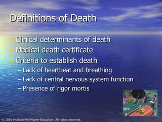 Definitions of Death Clinical determinants of death Medical death certificate Criteria to establish death Lack of heartbeat and breathing Lack of central nervous system function Presence of rigor mortis 