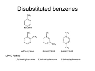 Disubstituted benzenes 1,2-dimethylbenzene  1,3-dimethylbenzene  1,4-dimethylbenzene IUPAC names 