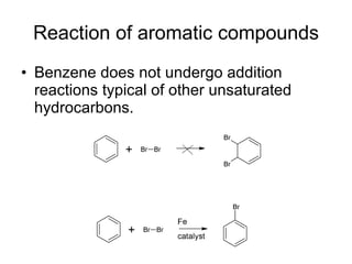 Reaction of aromatic compounds Benzene does not undergo addition reactions typical of other unsaturated hydrocarbons. 