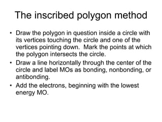 The inscribed polygon method Draw the polygon in question inside a circle with its vertices touching the circle and one of the vertices pointing down.  Mark the points at which the polygon intersects the circle. Draw a line horizontally through the center of the circle and label MOs as bonding, nonbonding, or antibonding. Add the electrons, beginning with the lowest energy MO. 
