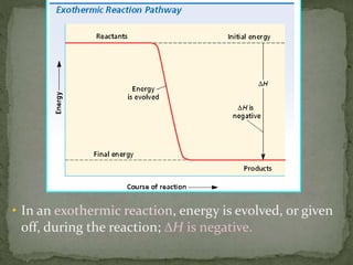 • In an exothermic reaction, energy is evolved, or given
off, during the reaction; ∆H is negative.
 