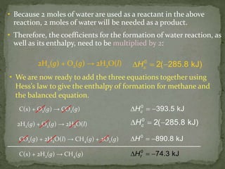• Because 2 moles of water are used as a reactant in the above
reaction, 2 moles of water will be needed as a product.
• Therefore, the coefficients for the formation of water reaction, as
well as its enthalpy, need to be multiplied by 2:
2H2(g) + O2(g) → 2H2O(l) cH0
2( 285.8 kJ)  
• We are now ready to add the three equations together using
Hess’s law to give the enthalpy of formation for methane and
the balanced equation.
0
393.5 kJcH  
0
2( 285.8 kJ)cH  
0
890.8 kJH  
0
74.3 kJfH  
2H2(g) + O2(g) → 2H2O(l)
C(s) + O2(g) → CO2(g)
C(s) + 2H2(g) → CH4(g)
CO2(g) + 2H2O(l) → CH4(g) + 2O2(g)
 